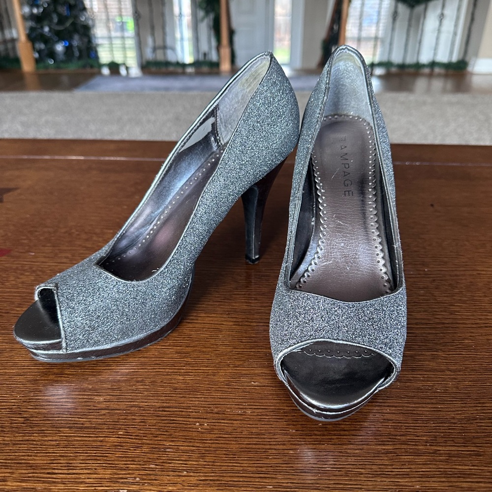 Rampage Glittering Silver Peep Toe Heels